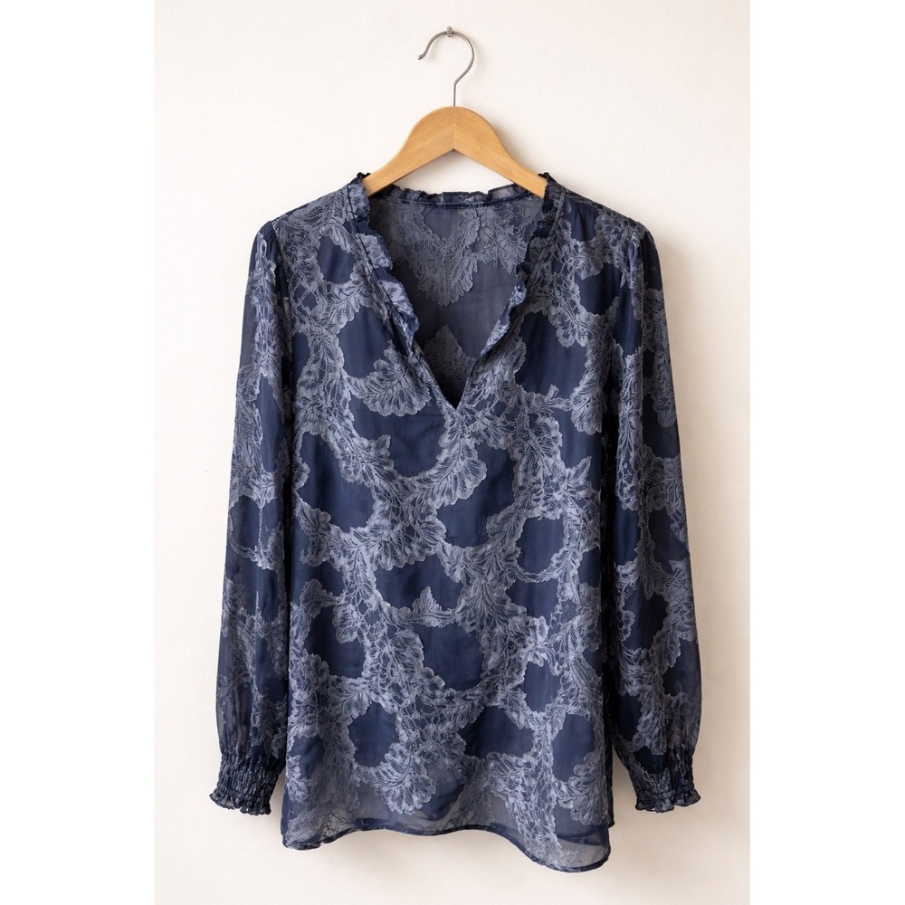 Ecru Silk Blend Burnout Blouse Women Large Blue Floral Sheer Bohemian Festival